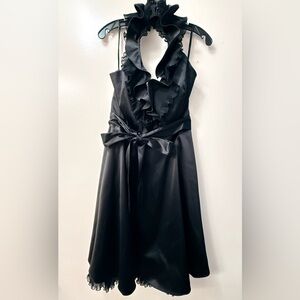 White House Black Market WHBM Black Satin Ruffle Halter Neck Fit & Flare Dress